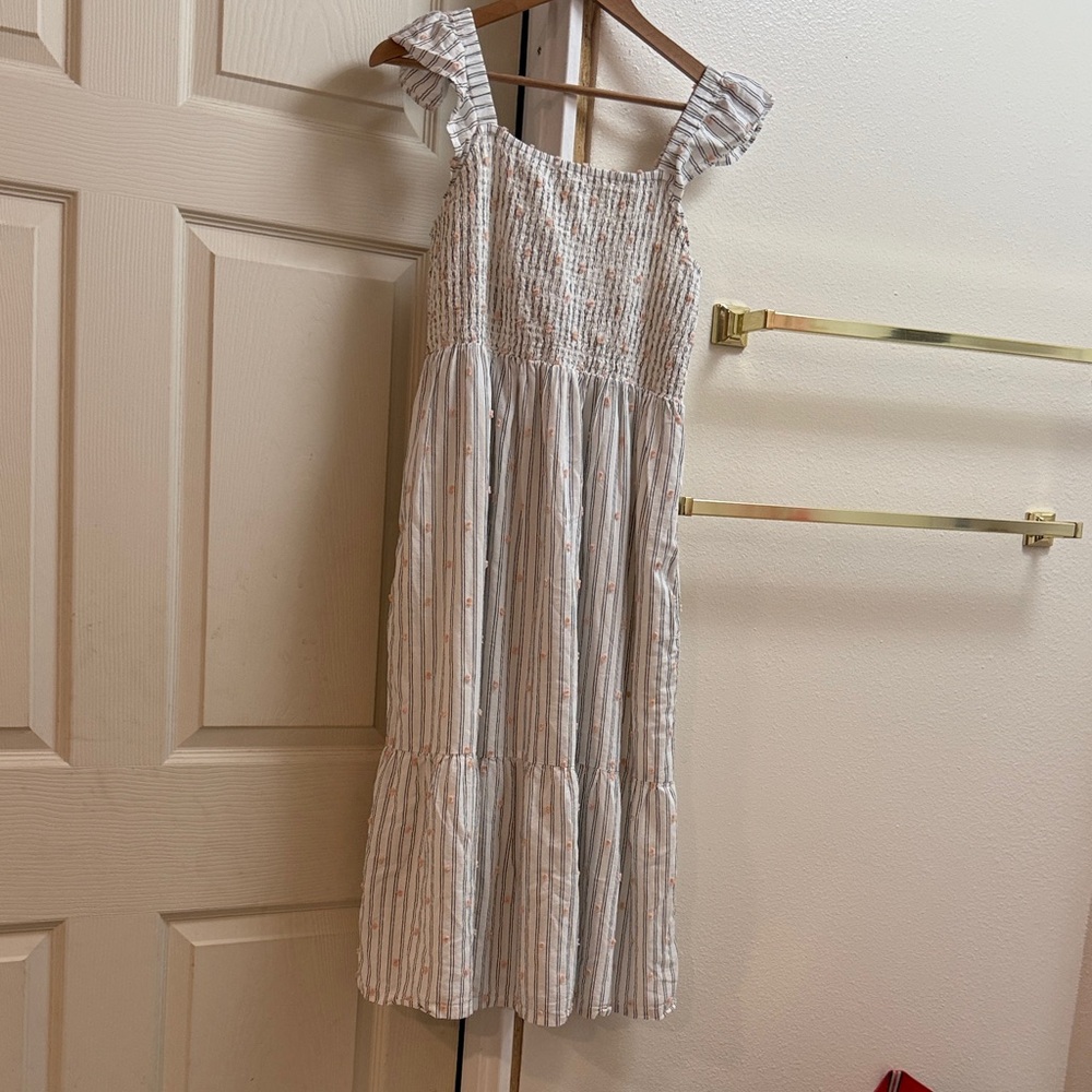 Striped Smocked Midi Dress with Ruffle Straps - Light Blue & Cream